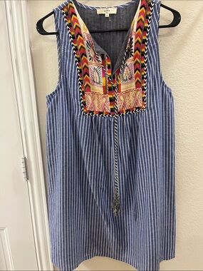 entro Blue and White Striped Top with Embroidered Trim